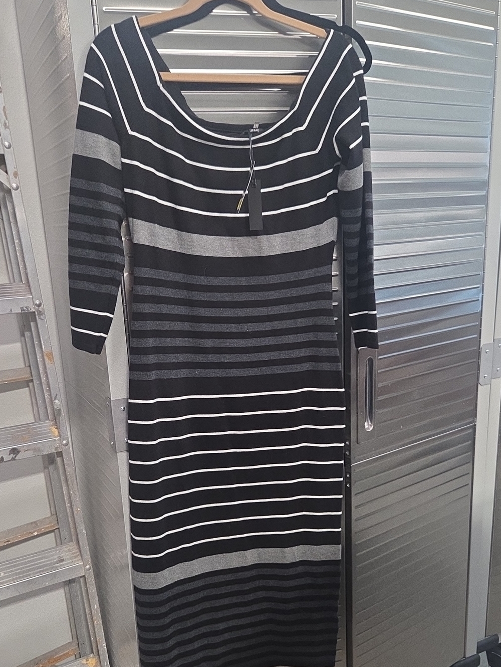 Buffalo David Bitton Black and Gray Striped Mid Sleeve Scoop Dress